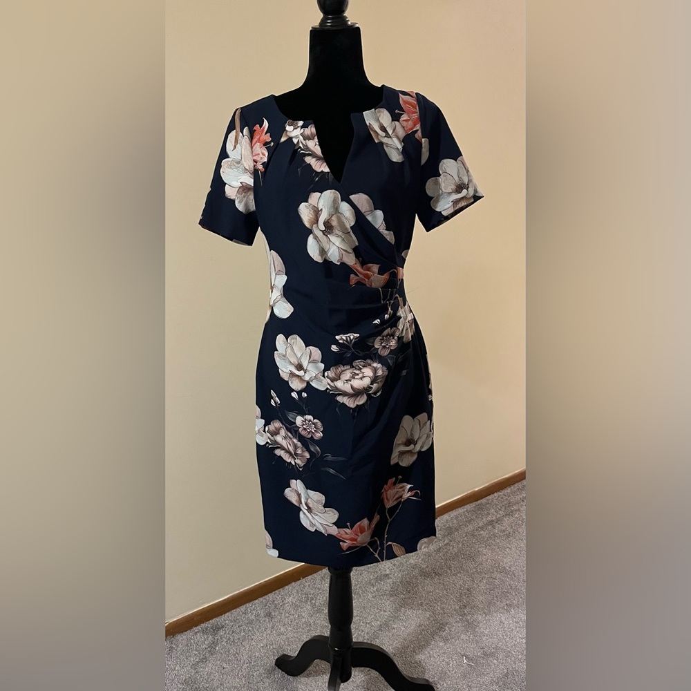 Adrianna Papell Navy and Blush Floral Midi Dress